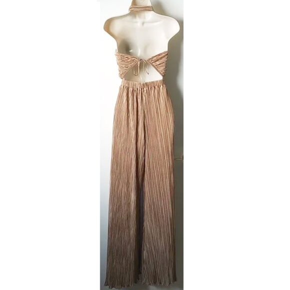 NWT LPA Baina Jumpsuit S Gold Brown Pleated Wide Leg - Picture 4 of 14